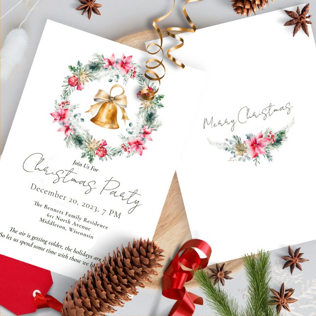 Invitation Red Poinsettia Gold Snowflakes (Créateur téléchargé)