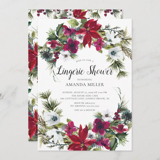 Invitation Red Poinsettia Holly Bridal Lingerie Douche (Devant / Derrière)