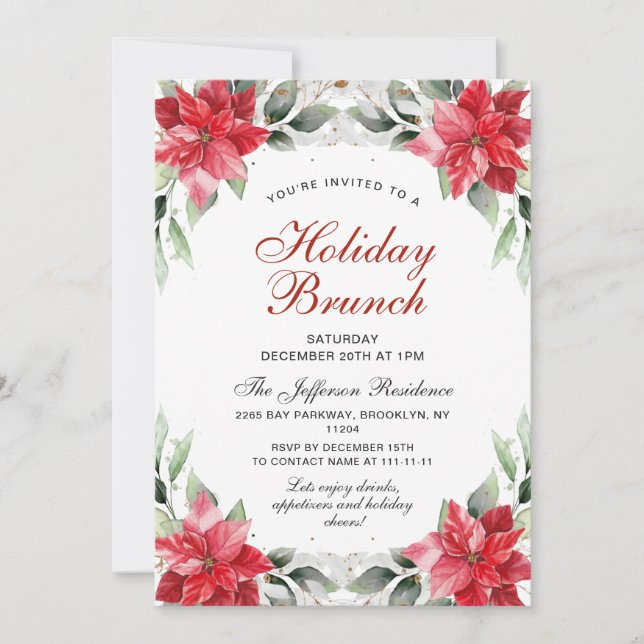 Invitation Red Poinsettia Holly Noël Brunch (Devant)