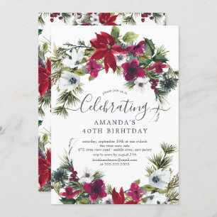 Invitation Red Poinsettia Holly Pine fête d'anniversaire