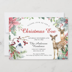 Invitation Red Poinsettia Wreath Deer & Bird Christmas Eve