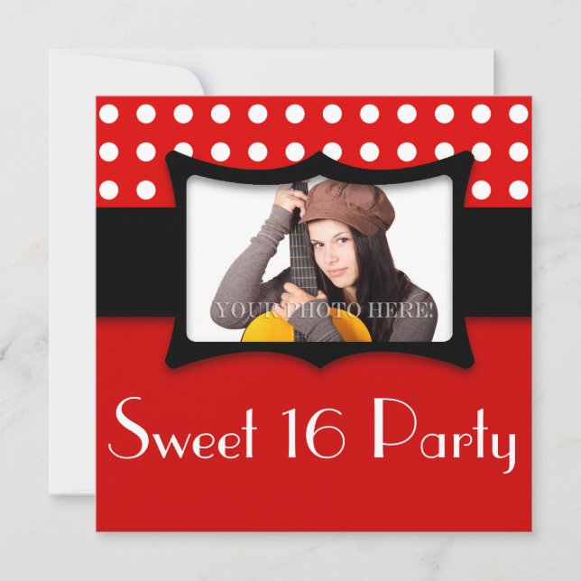 Invitation Red Polka Dot Sweet 16 Photo (Devant)