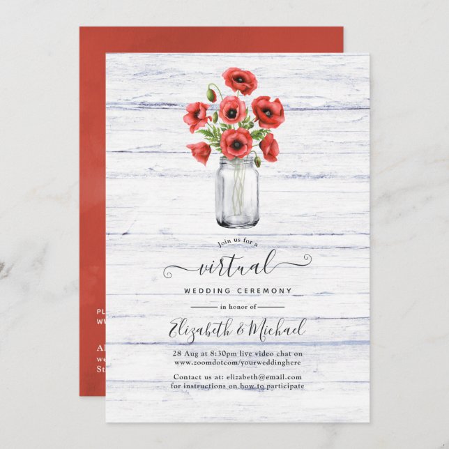 Invitation Red Poppy Rustic Pays Mariage virtuel en ligne (Devant / Derrière)