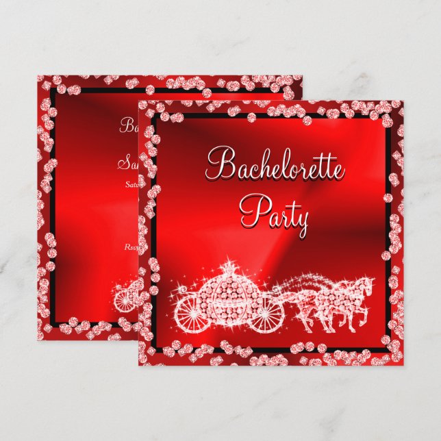 Invitation Red Princess Coach & Horses Bachelorette Party (Devant / Derrière)