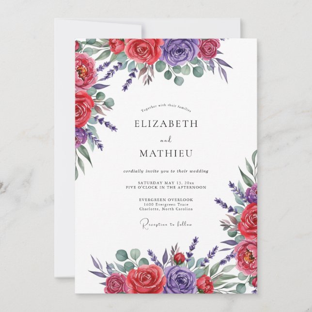 Invitation Red Purple Floral Romance Wedding (Devant)