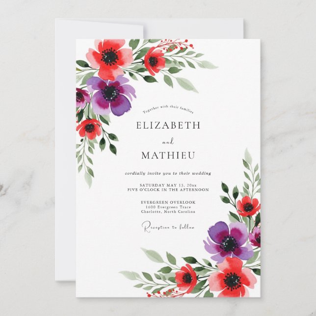 Invitation Red Purple Floral Whimsical Wedding (Devant)