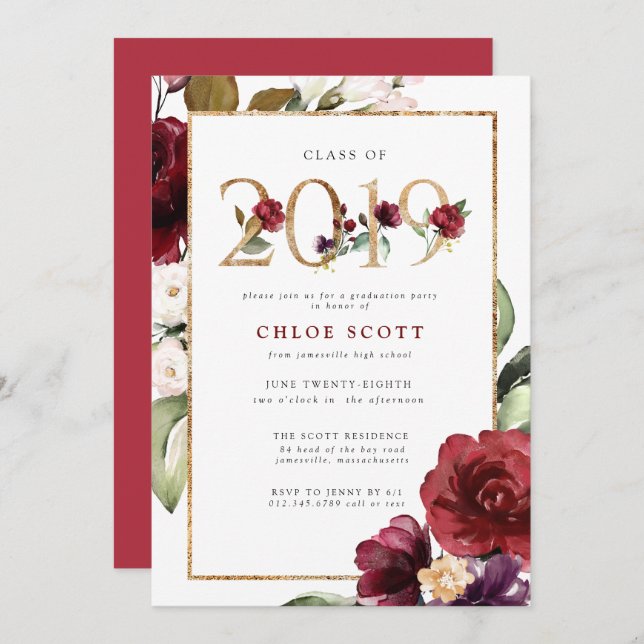 Invitation Red Purple Gold Floral 2019 Graduation Party (Devant / Derrière)