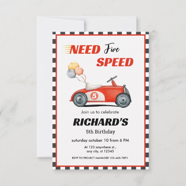 Invitation Red Race Car Anniversaire | Besoin de cinq vitesse (Devant)