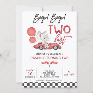 Invitation Red Racing Car Ballons Elephant 2e anniversaire