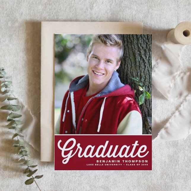 Invitation Red Retro Bold Typographie Photo Graduation (Customizable retro-inspired Burgundy Photo Graduation Invitation)