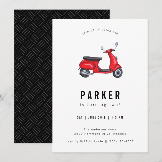 Invitation Red Retro Scooter thème Anniversaire (Devant / Derrière)