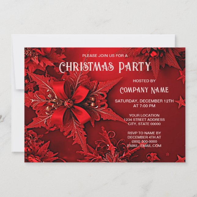 Invitation Red Ribbon Floral Fête de Noël Invitati (Devant)