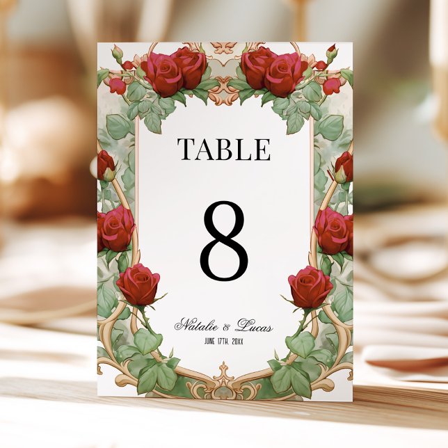 Invitation Red Rose Art Nouveau Wedding Table Number (Créateur téléchargé)