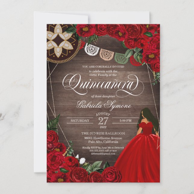 Invitation Red Rose Ball Gown Western Charro Quinceañera (Devant)
