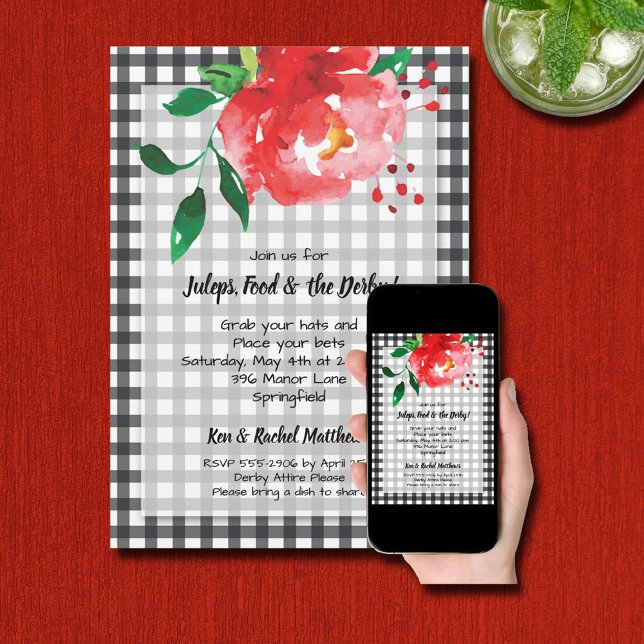 Invitation Red Rose Black En vichy Derby Party (INSTANT DOWNLOAD and/or PRINTED red rose on gingham Derby party invitations )