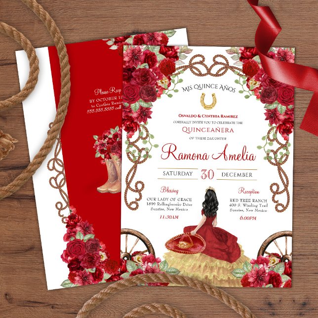 Invitation Red Rose Charra Western Quinceañera (Créateur téléchargé)