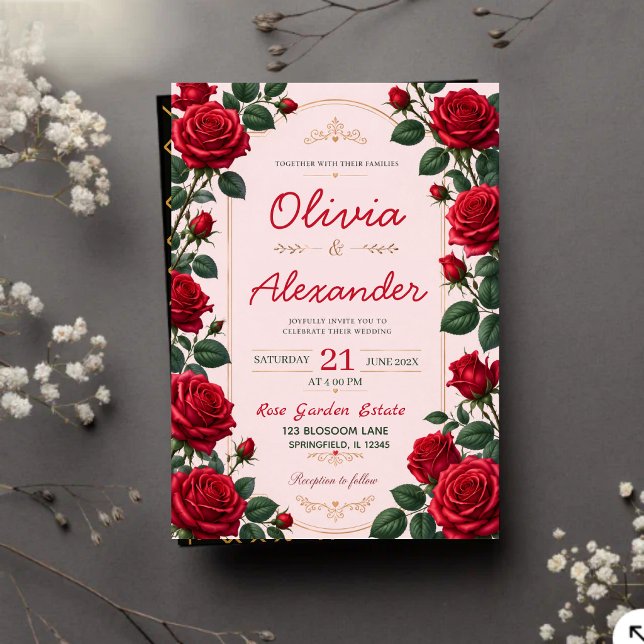 Invitation Red Rose Classic Romantic Elegant Floral  (Créateur téléchargé)
