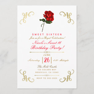 Invitation Red Rose Floral Gold Corners Sweet 16 Party