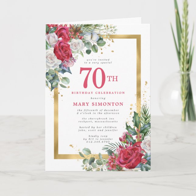 Invitation Red Rose Gold Holly 70e fête d'anniversaire (Devant)