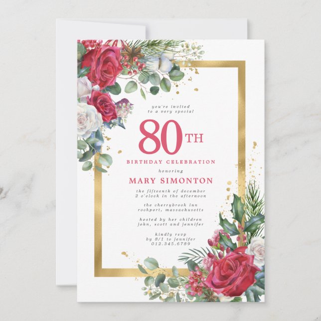Invitation Red Rose Gold Holly 80e anniversaire (Devant)
