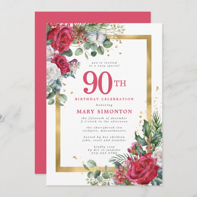 Invitation Red Rose Gold Holly 90e anniversaire (Devant / Derrière)