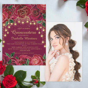 Invitation Red Rose Gold String Light Star Photo Quinceañera