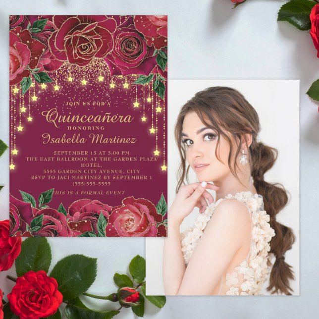Invitation Red Rose Gold String Light Star Photo Quinceañera (Elegant red roses and gold string lights Quinceanera photo invitation)