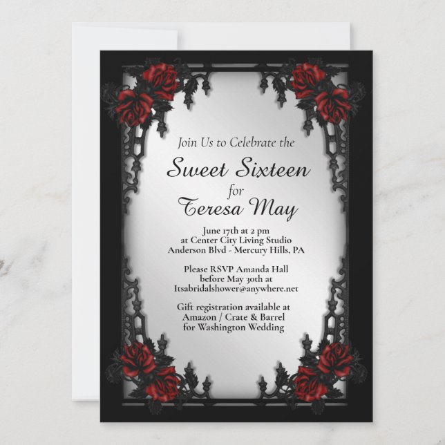Invitation Red Rose gothique Sweet sixteen Porte de fer Invit (Devant)