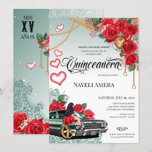 Invitation Red Rose Green Lowrider Mexicana Quince Anniversai