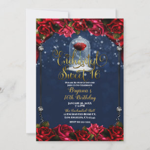 Invitation Red Rose Marine Blue Gold Sweet 16 16e Parti