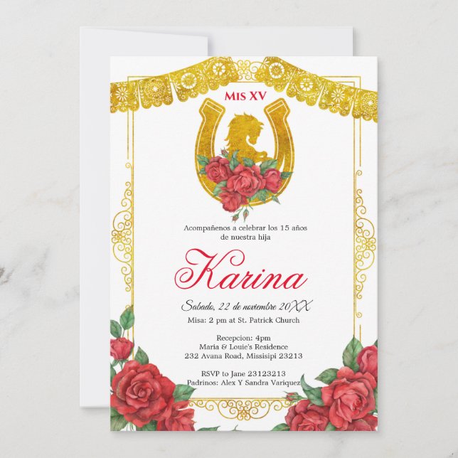 Invitation Red Rose Mexicaine Charra 15 Quinceanera Invitatio (Devant)