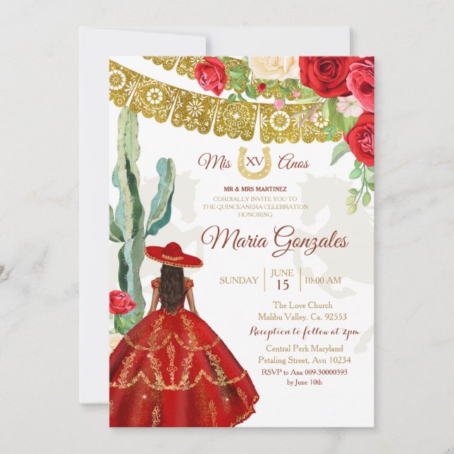 Invitation Red Rose Mexicaine Princesse Quinceañera Invitatio (Devant)