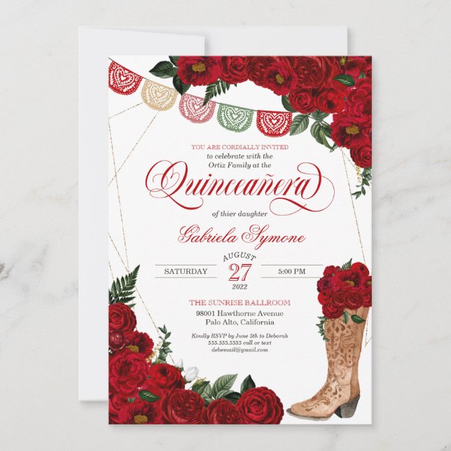 Invitation Red Rose Papado Picado Western Charro Quinceañera (Devant)