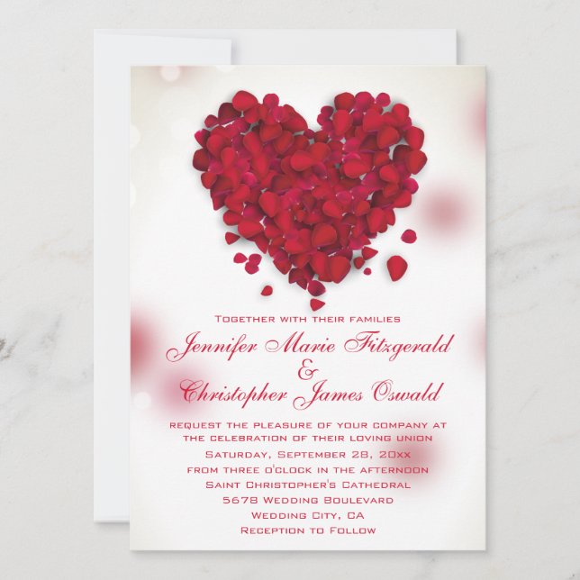 Invitation Red Rose Petals Love Heart Mariage (Devant)