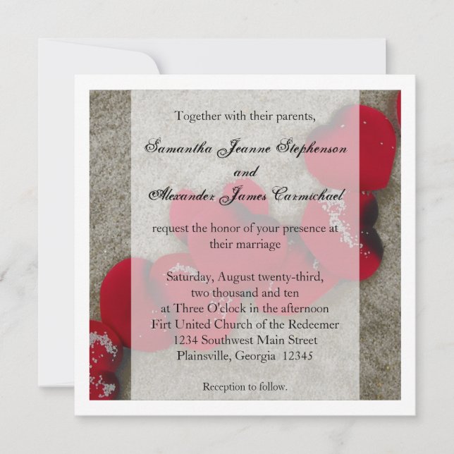 Invitation Red Rose Petals, Mariage de plage de sable (Devant)