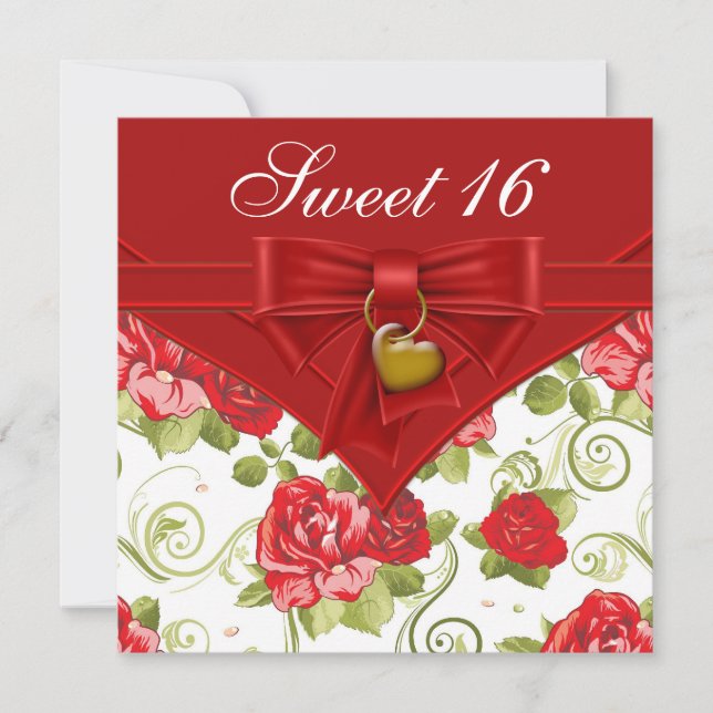 Invitation Red Rose Red Gold Sweet sixteen fête d'anniversair (Devant)