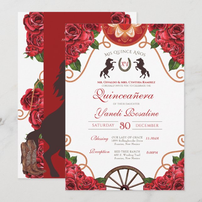 Invitation Red Rose Rodeo Western Charro Quinceanera (Devant / Derrière)