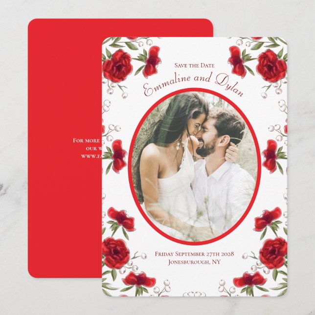 Invitation Red Rose Romantic Wedding Photo Save the Date (Devant / Derrière)
