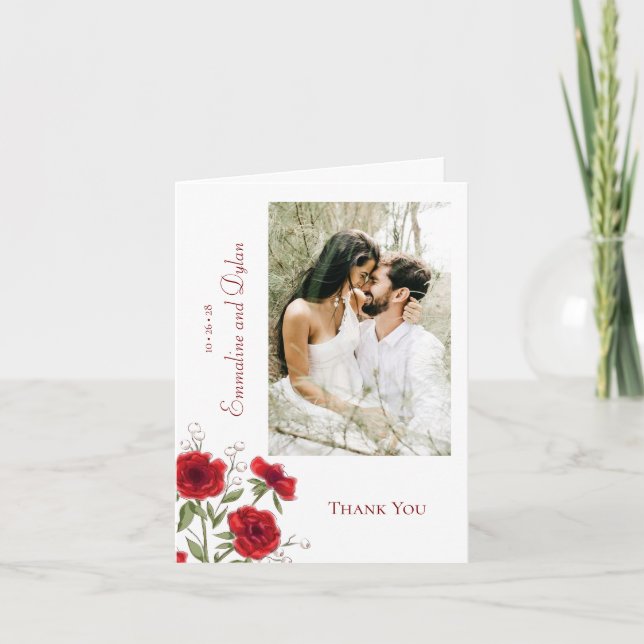 Invitation Red Rose Romantic Wedding Thank You Cards Photo (Devant)
