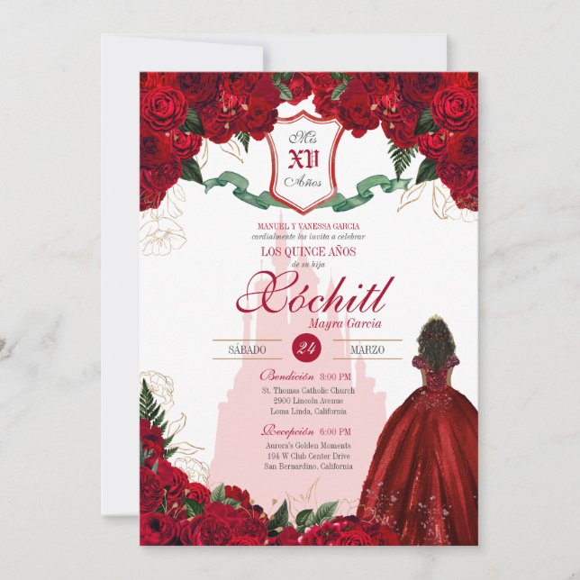 Invitation Red Rose Royal Princess Elegant Quinceanera (Devant)