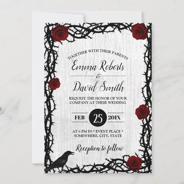 Invitation Red Rose & Thorn Frame Rustic Fairytale Mariage (Devant)