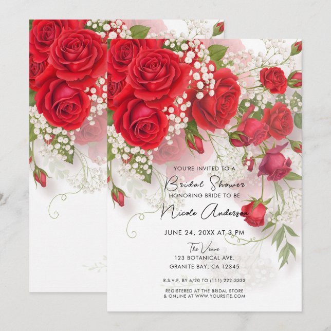 Invitation Red Roses & Babys Breath Elegant Floral Bridal (Devant / Derrière)