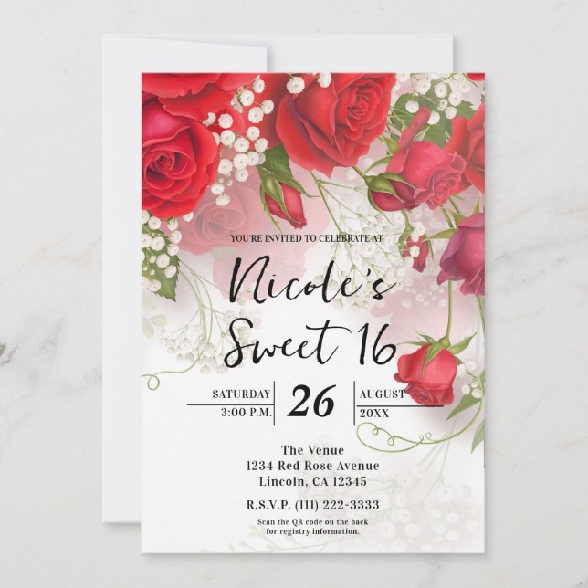 Invitation Red Roses & Babys Breath Elegant Floral Sweet 16 (Devant)