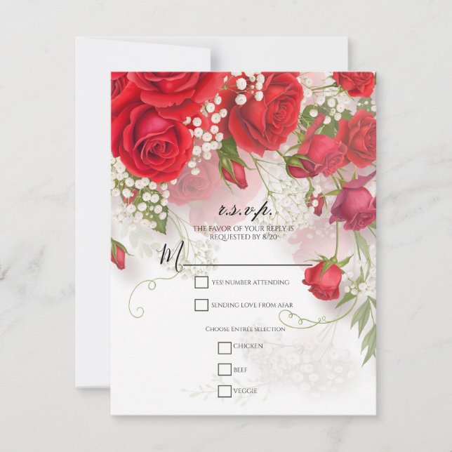 Invitation Red Roses & Babys Breath Elegant Floral Wedding  (Devant)