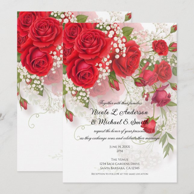 Invitation Red Roses & Babys Breath Elegant Floral Wedding  (Devant / Derrière)