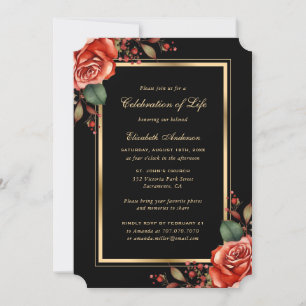 Invitation Red Roses Black Gold Photo Celebration of Life
