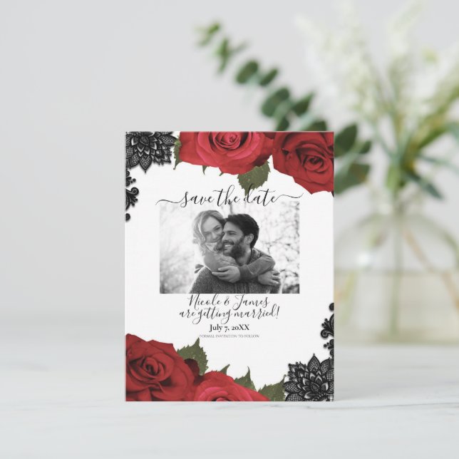 Invitation Red Roses Black Lace Blanc Mariage Enregistrer la  (Debout devant)