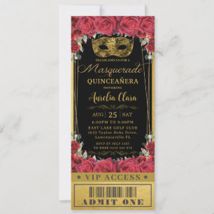 Invitation Red Roses Black Quinceañera Masquerade VIP Ticket