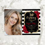 Invitation Red Roses Black White Stripes Photo 50e anniversai<br><div class="desc">Elégante invitation au 50e anniversaire fleurie féminine avec votre photo. Noir noir blanc rouge design avec faux or parties scintillant. Caractéristiques noir et blanc rayures, roses rouges, police de script et confetti. Parfait pour une fête anniversaire adulte élégante. Personnalisez avec vos propres détails. Peut être customisé pour n'importe quel âge...</div>