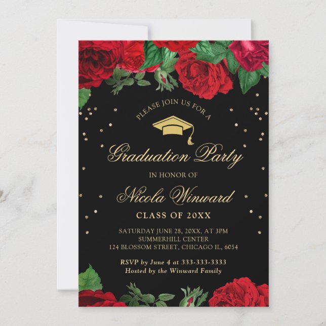 Invitation Red Roses Bordure Florale Graduation (Devant)